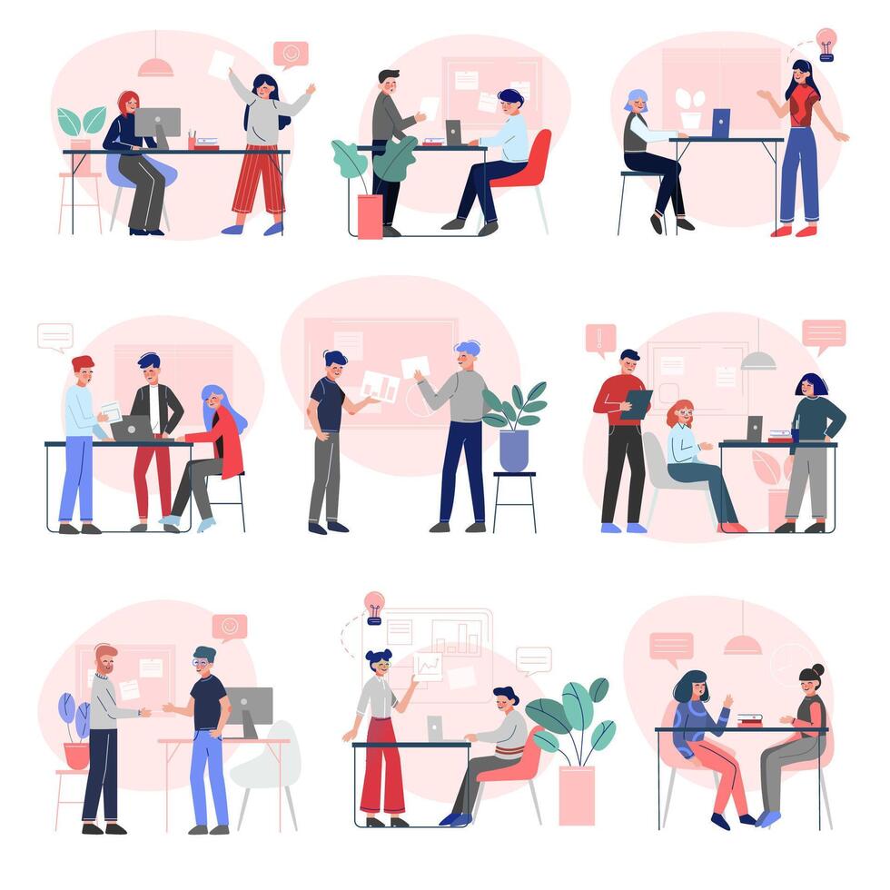 Office Emloyees at Work Set, Business Colleagues Characters Working, Meeting and Exchange Thoughts in Creative Open Space Office Flat Illustration vector