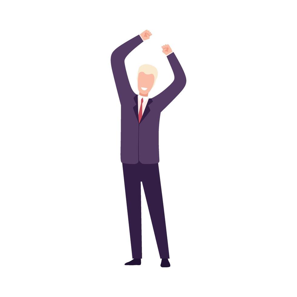 Smiling Businessman Celebrating Victory, Manager Character Dressed in Business Suit Standing with His Hands Up Flat Illustration vector