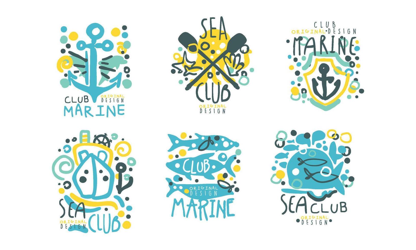 Sea Club Logo Design Templates Collection, Marine and Nautical Colorful Hand Drawn Labels Illustration vector