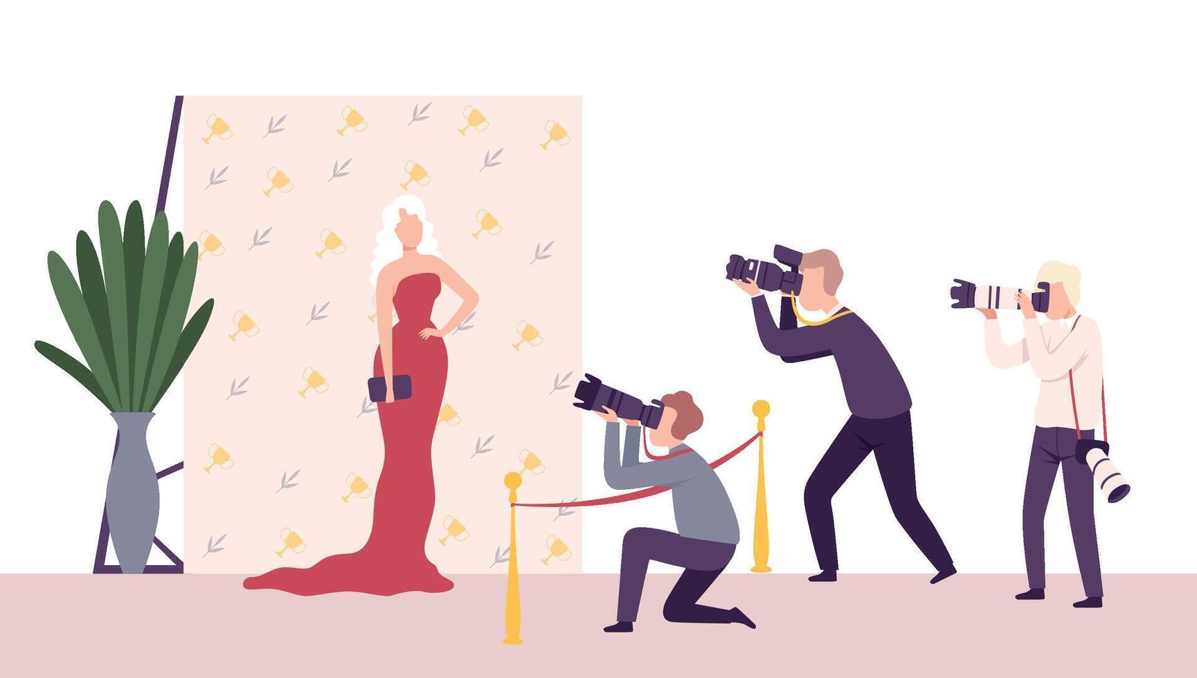 Elegant Beautiful Woman Posing to Paparazzi, Photographers with Cameras Photographing at Movie Festival, Premiere, Ceremony Show, Party for Famous People Flat Illustration vector