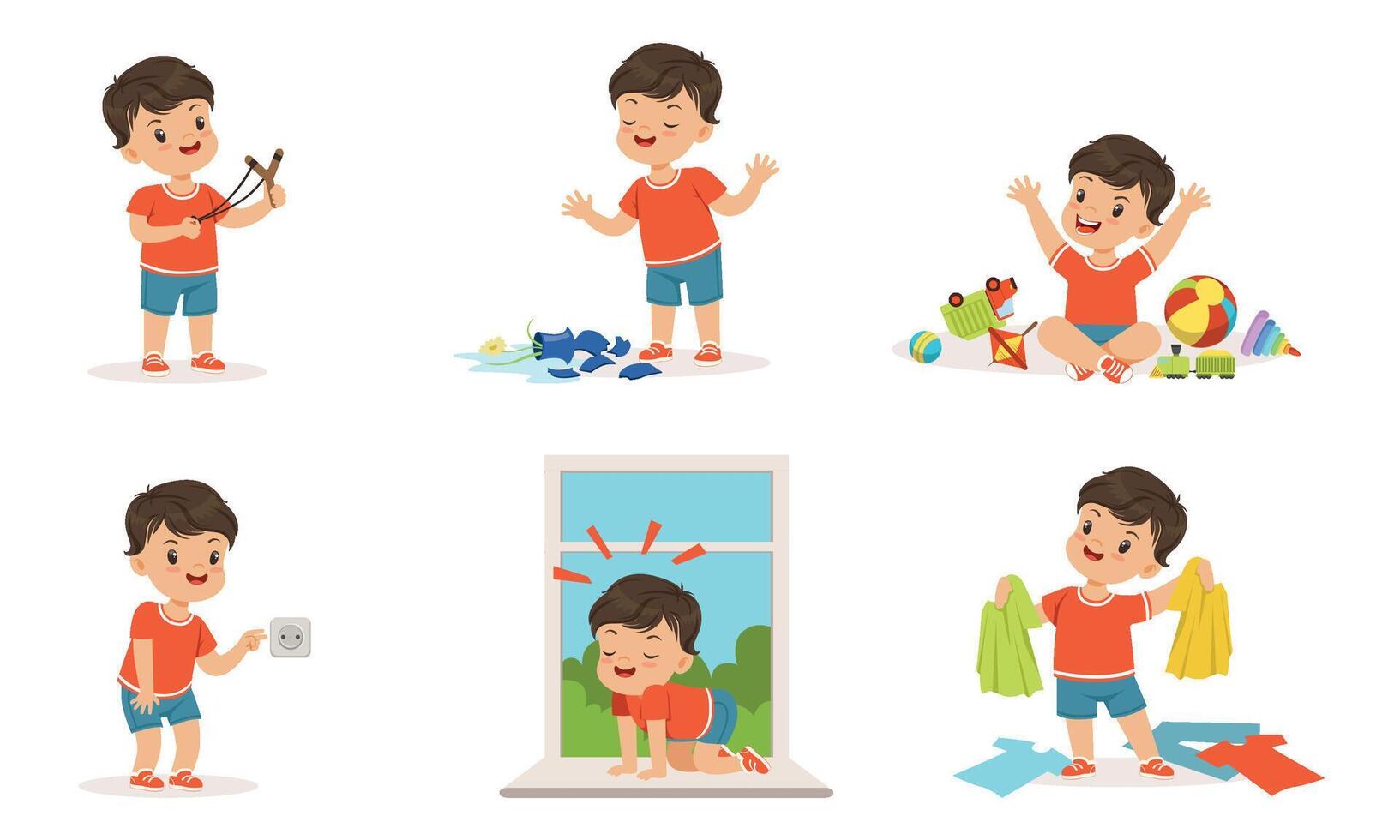 Cute Bully Boy Collection, Hoodlum Cheerful Little Kid, Bad Child Behavior Illustration on White Background vector