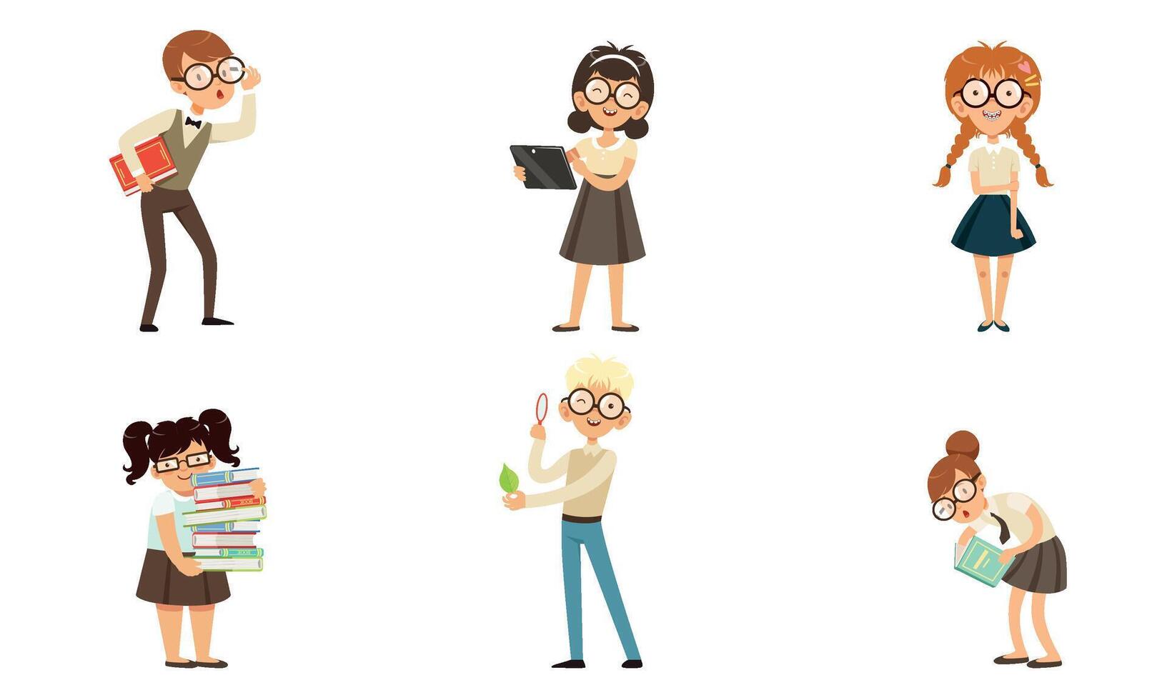 Funny Nerds and Geeks Cartoon Characters Collection, Smart School Children in Glasses with Books Illustration on White Background vector