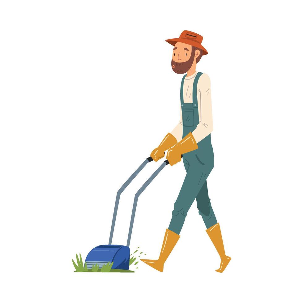 Man Gardener Mowing Lawn, Cheerful Male Farmer Character in veralls Working at Garden or Farm Illustration vector