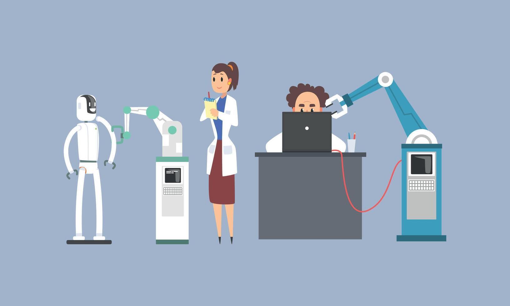 Scientists Characters Working with Mechanical Arms and Robots in Lab, Artificial Intelligence Technology Illustration vector