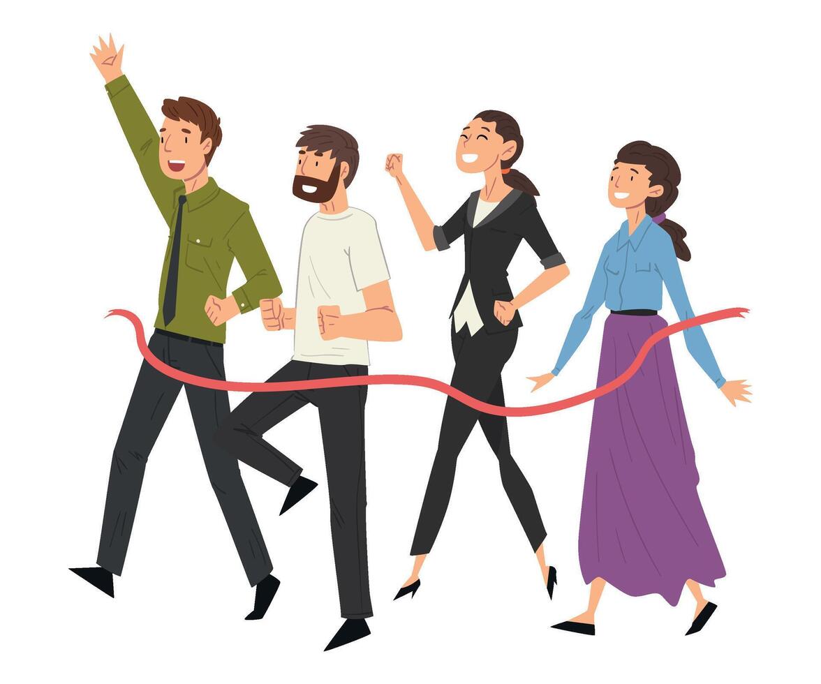 Business People Crossing the Finish Line, Professional Competition or Team Building Concept Illustration vector