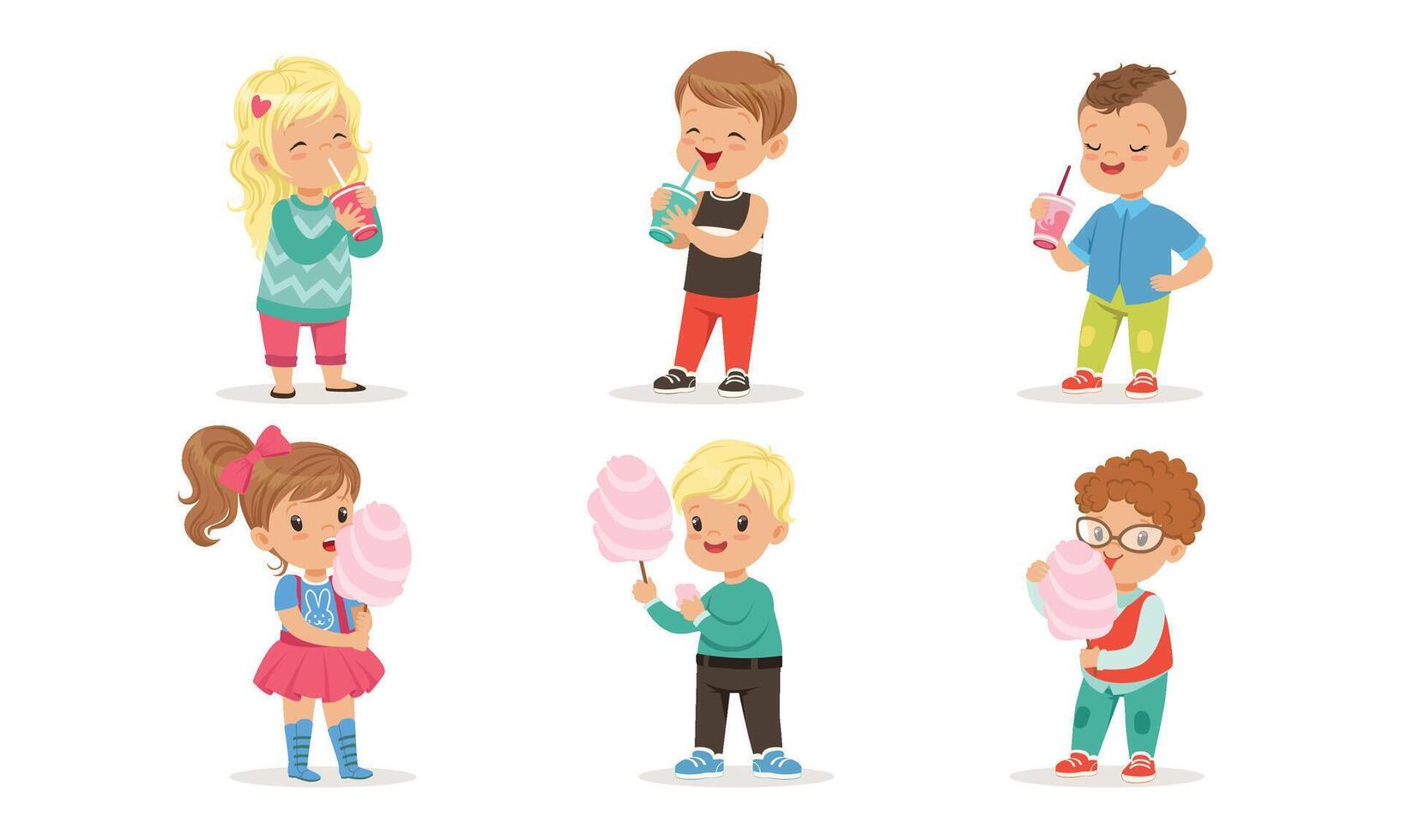 Collection of Cute Happy Boys and Girls Enjoying Eating Cotton Candy and Drinking Cocktails Illustration on White Background vector