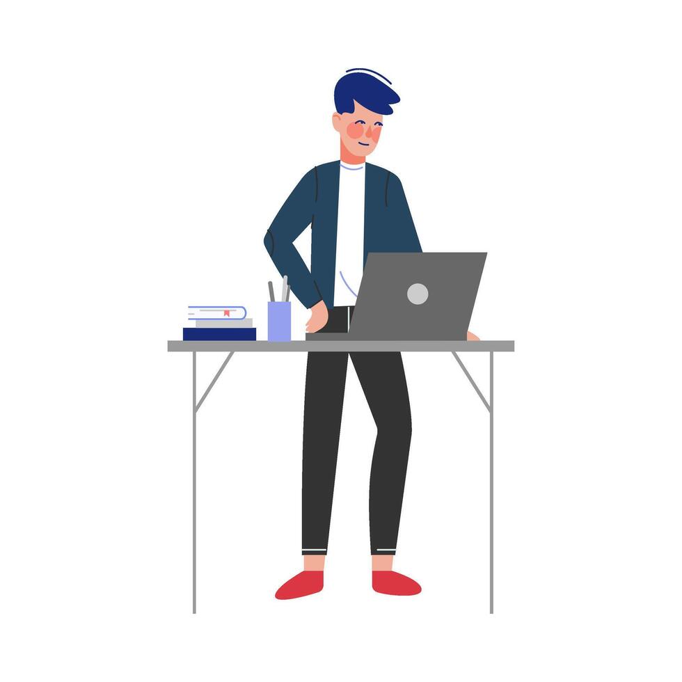 Businessman Standing at the Table and Working on the Laptop Computer in Office Illustration vector