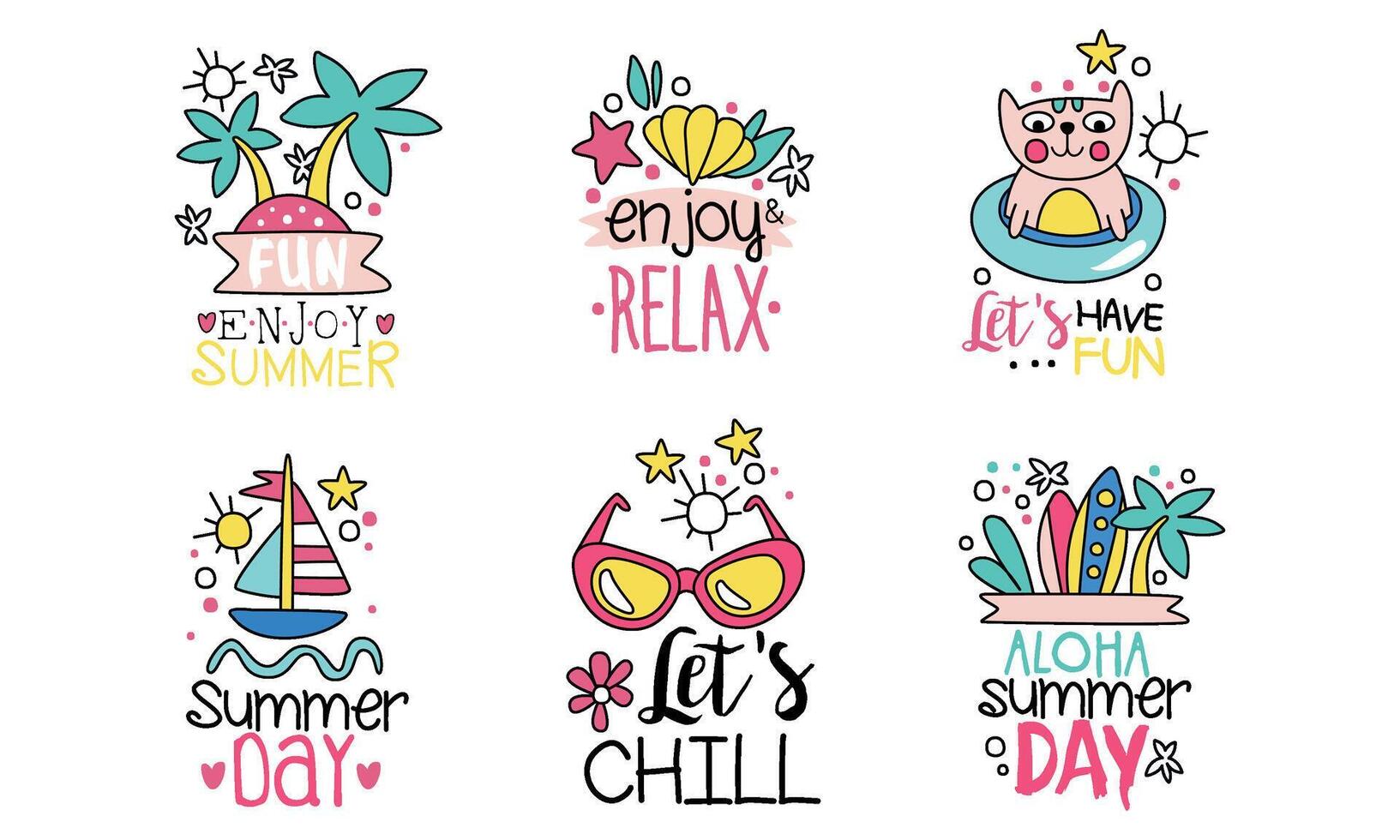 Enjoy Summer Logo Templates Collection, Lets Have Fun and Chill, Aloha Summer Day Cute Colorful Labels Illustration vector