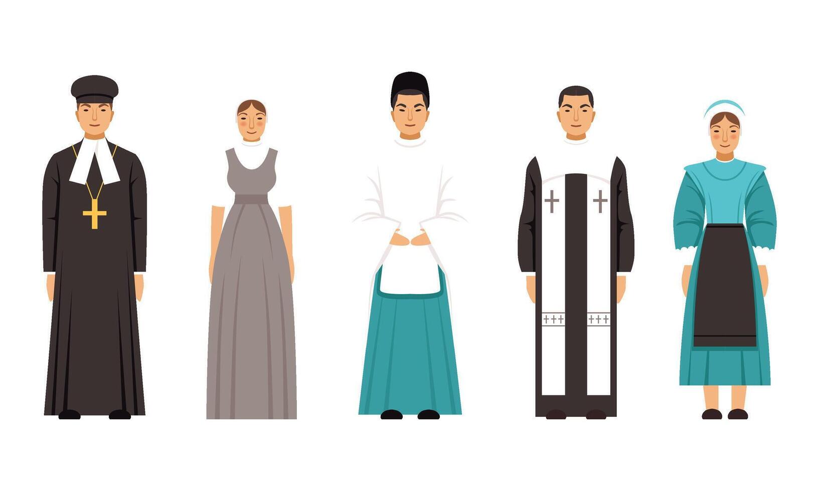 Religion People Characters in Traditional Clothes Collection, Mormon, Shinto Priest, Mennonite or Amich, Catholic Priest Illustration vector