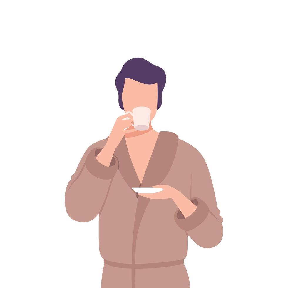 Young Man in Bathrobe Drinking Morning Coffee, Male Character Enjoying of Hot Drink Flat Illustration vector
