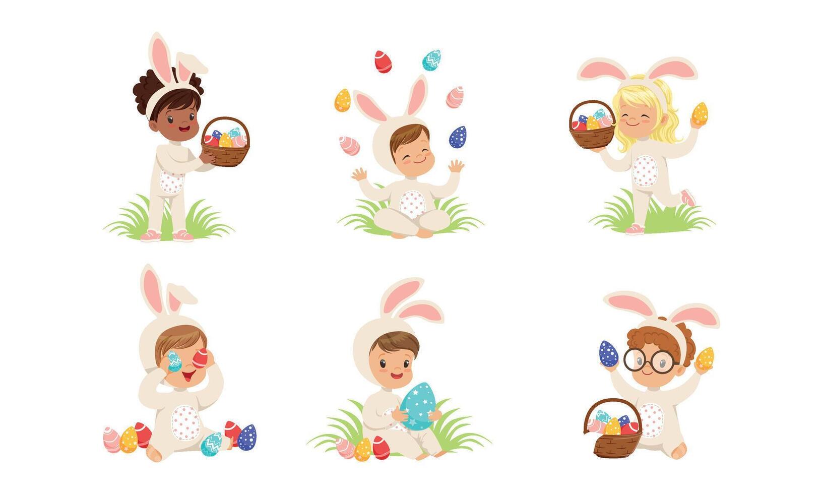 Happy Easter, Collection of Cute Little Boys and Girls Dressed in Bunny Costumes Sitting on the Grass with Colorful Easter Eggs Illustration vector