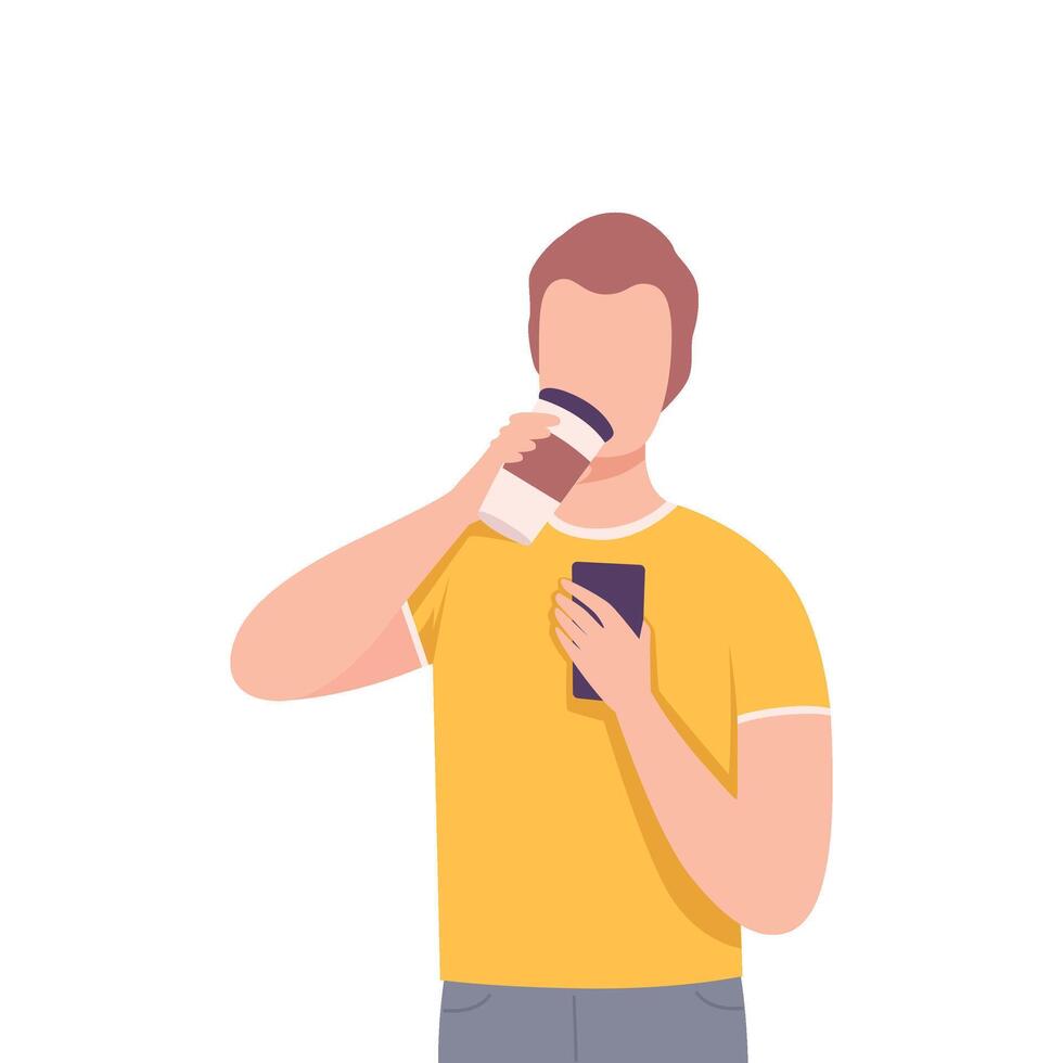 Young Man with Smartphone Drinking Coffee, Male Character Enjoying of Hot Drink Flat Illustration vector