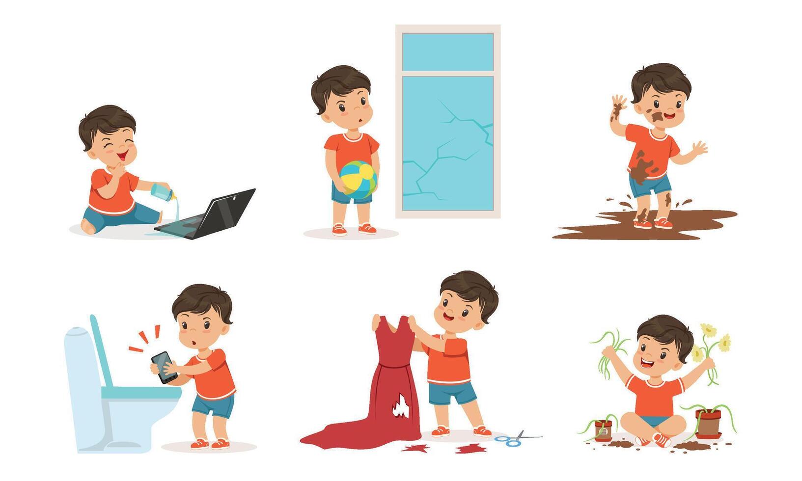 Bully Boy in Different Situations Set, Funny Hoodlum Little Kid, Bad Child Behavior Illustration on White Background vector