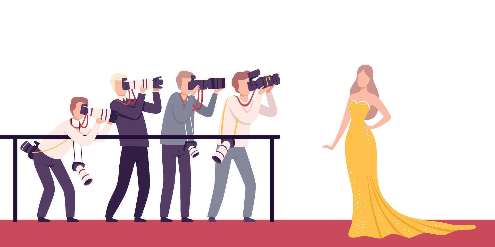 Celebrity Posing to Paparazzi, Photographers with Cameras Photographing at Movie Festival, Premiere, Ceremony Show, Party for Famous People Flat Illustration vector
