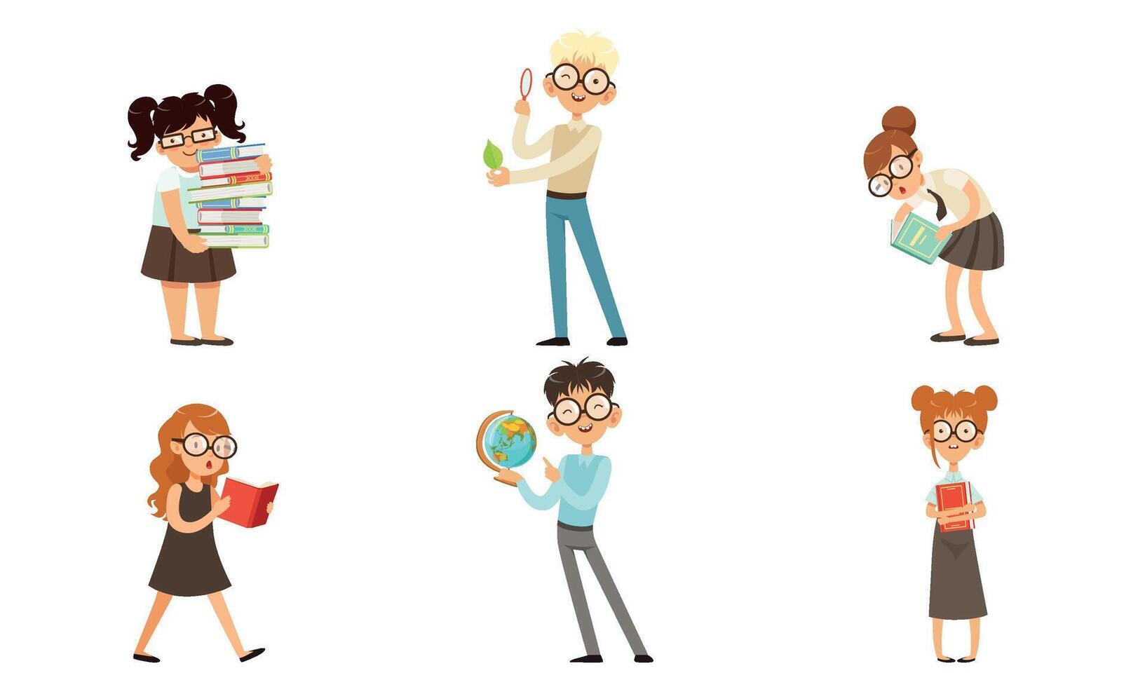 Funny Boys and Girls Nerds Collection, Smart School Children Cartoon Characters Illustration on White Background vector