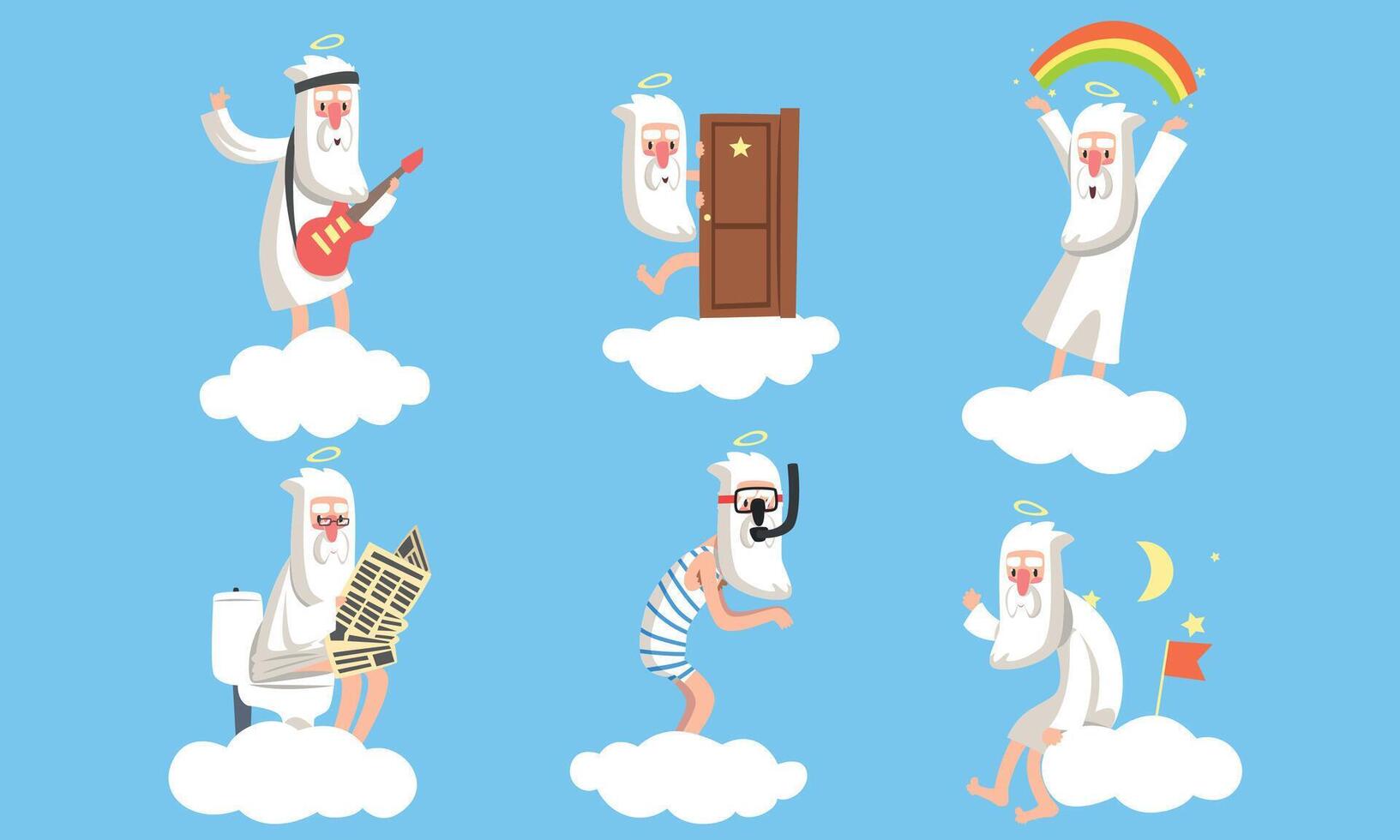 Collection of Elderly Male Angel Comic Character in Different Situations, Activity of Holy Funny Old Man on Heaven Illustration vector