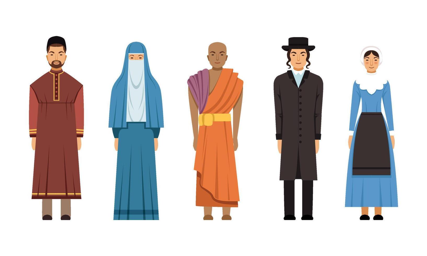 Religion People Characters in Traditional Clothes Collection, Catholic Priest and Clergyman, Mormon, Mennonite or Amich Women, Shinto Priest Illustration vector