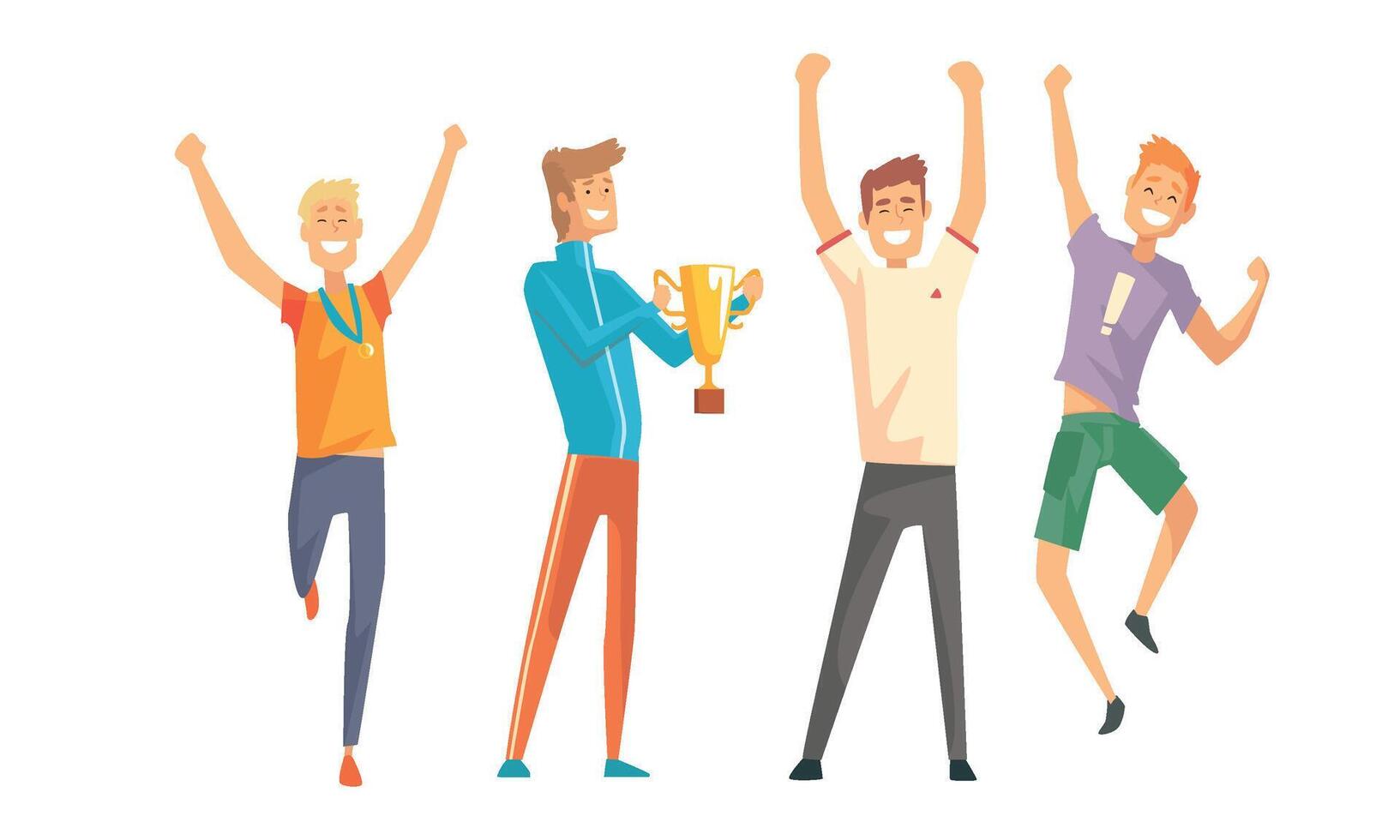 Cheerful Successful Men Characters Set, Sportsmen and Guys in Casual Clothes Celebrating Victory Illustration vector