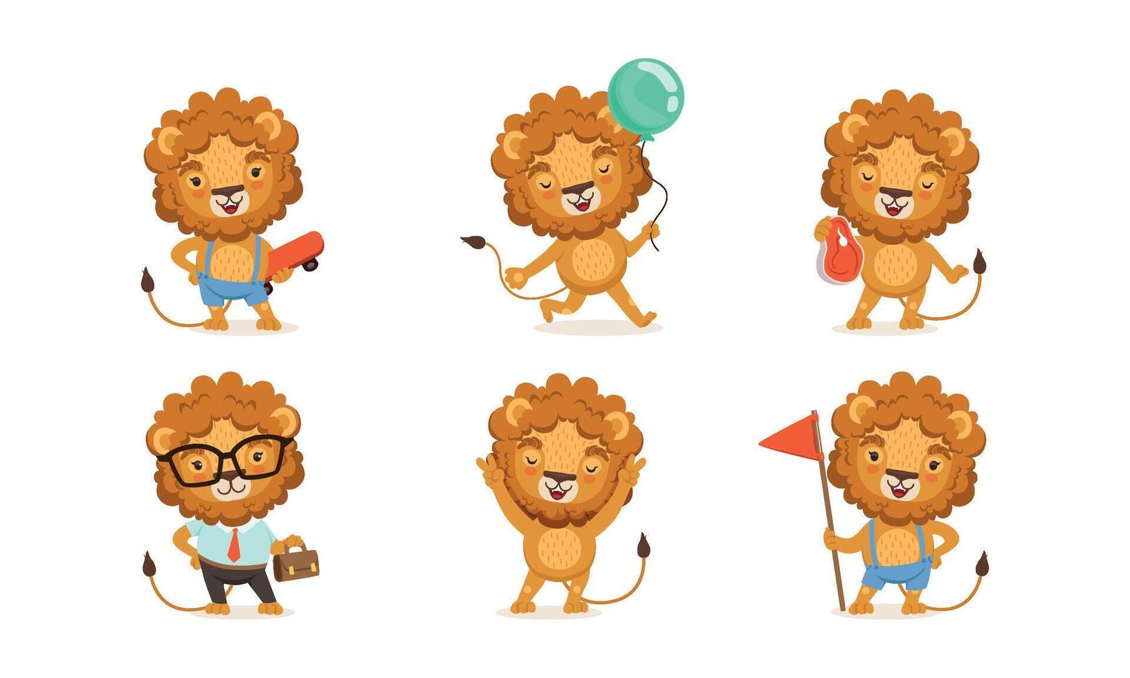 Cute Lion in Different Situations Set, Adorable African Animal Cartoon Character in Everyday Life Illustration vector