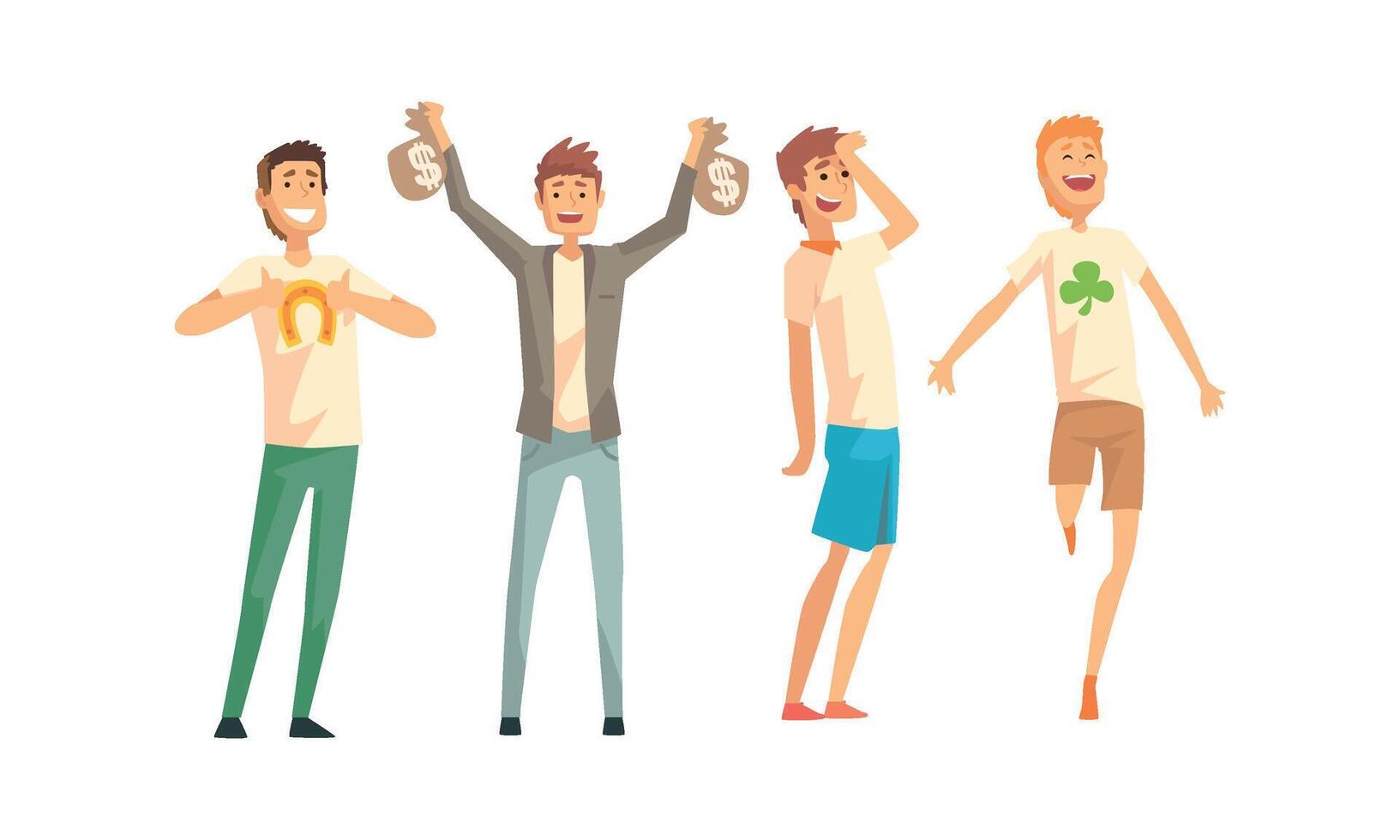 Cheerful Lucky Men Characters Set, Smiling Successful Guys in Casual Clothes Illustration vector
