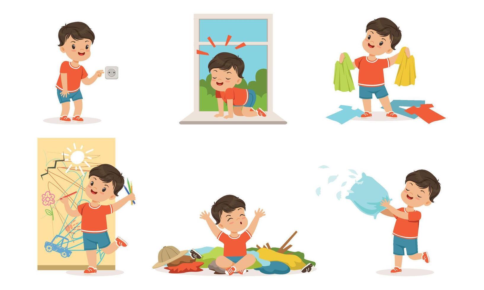 Cute Bully Boy Collection, Funny Hoodlum Little Kid in Different Situations, Bad Child Behavior Illustration Isolated on White Background vector