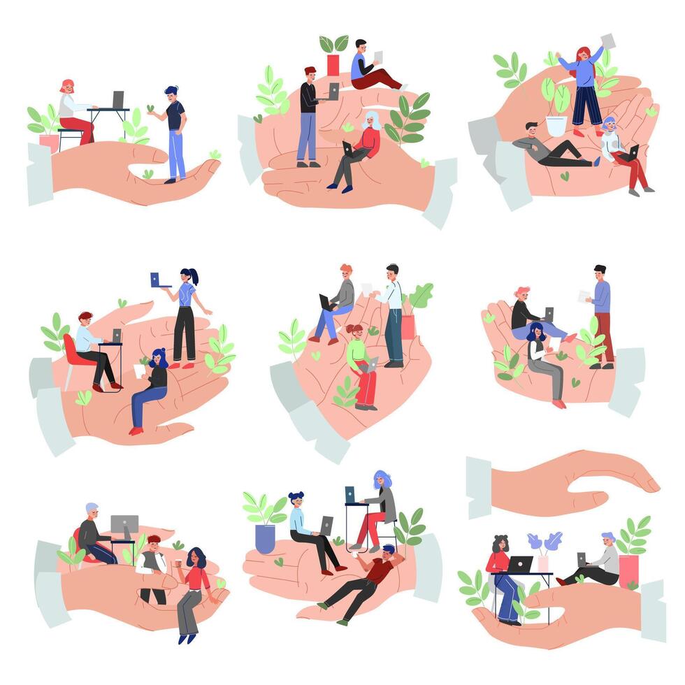 Tiny Office Employees Working in Giant Hands Collection, Office Staff Care, Support, Professional Growth, Personnel Benefits Illustration vector