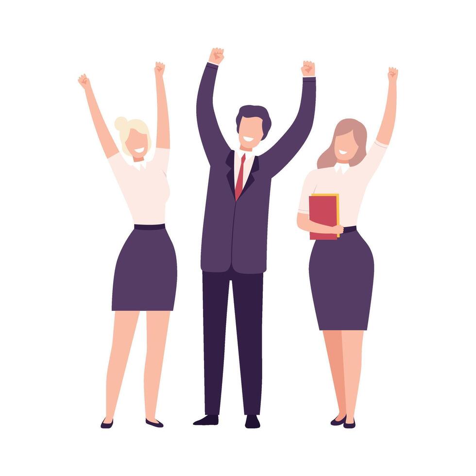 Business Team Celebrating Victory, Managers Characters Dressed in Business Suits Standing with Their Hands Up Flat Illustration vector
