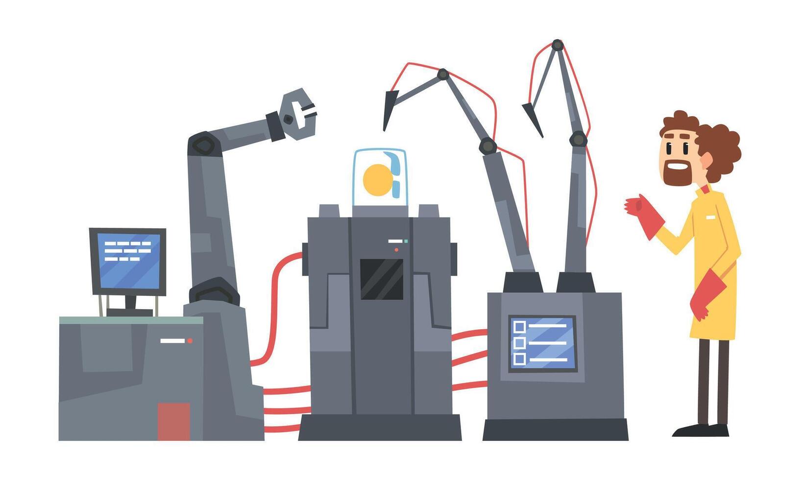 Male Scientists Character Working with Robotic Machines, Artificial Intelligence Technology Illustration vector
