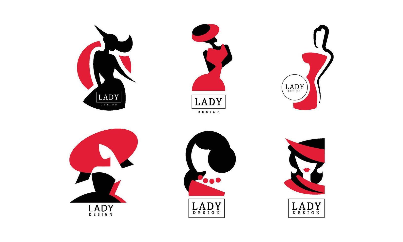Lady Logo Design Collection, Fashion Shop or Beauty Salon Red and Black Emblems Illustration vector
