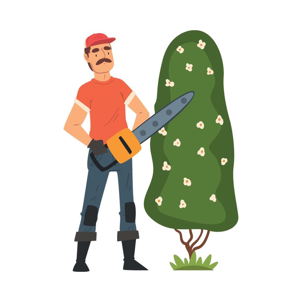 Man Gardener Shearing Bush with Saw, Male Farmer Character Working at Garden or Farm Illustration vector