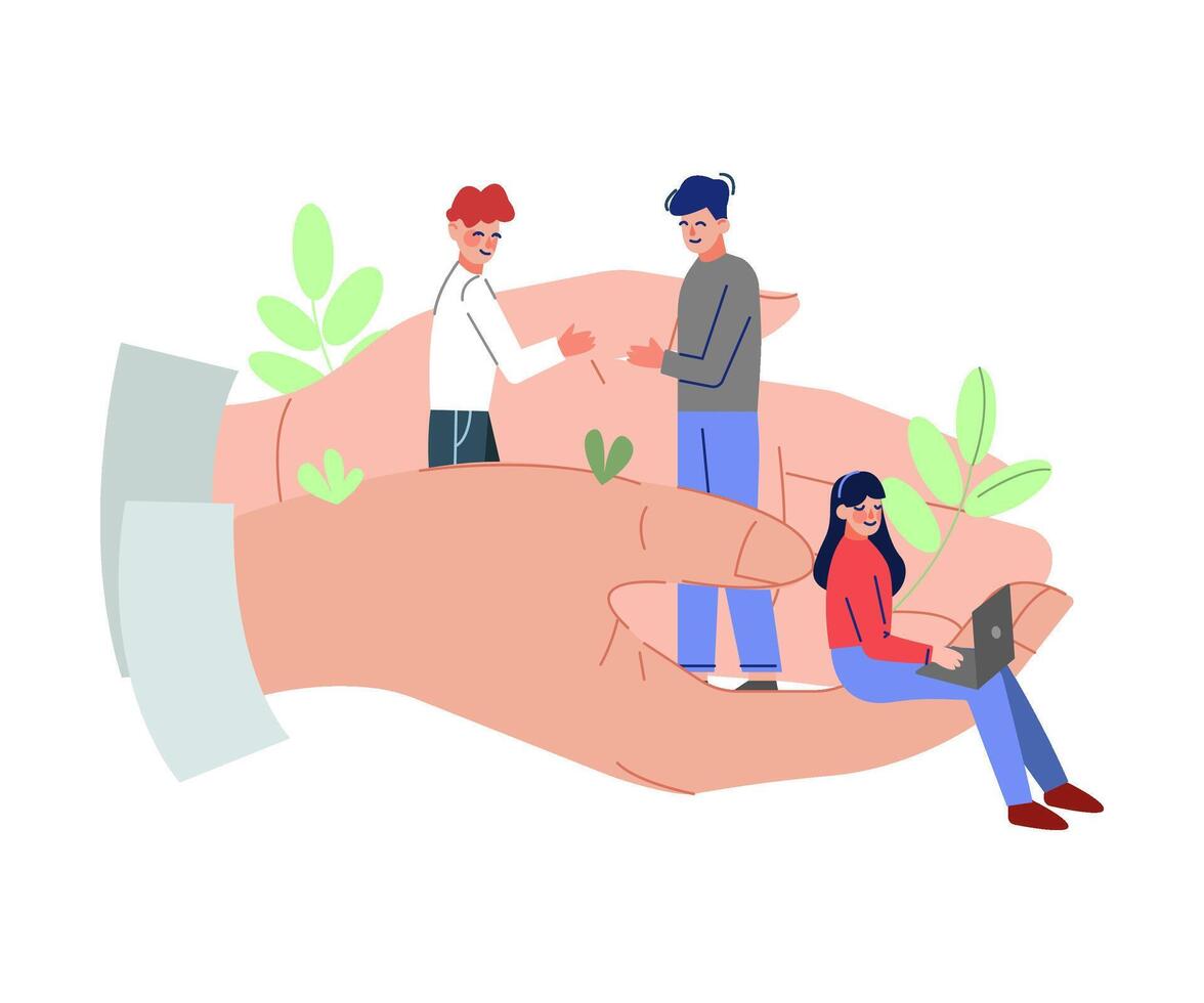 Giant Hands Holding Tiny Business People, Office Emloyees Protection, Professional Growth, Personnel Perks and Benefits Illustration vector
