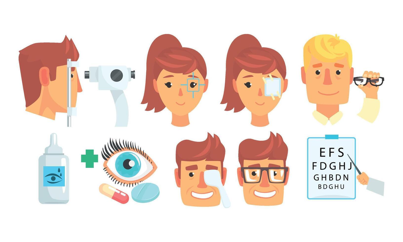 Ophthalmologist Diagnostic, Treatment and Correction of Vision Collection Illustration vector