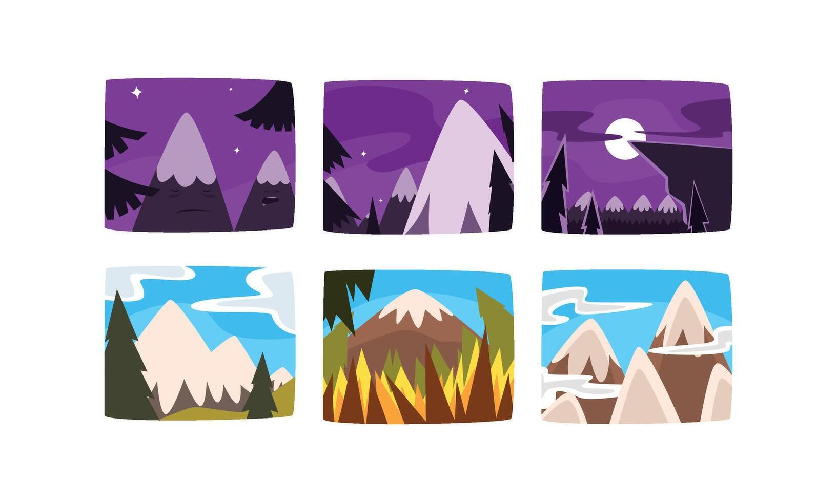 Beautiful Snowy Mountains Landscape at Different Times of Day and Year Collection Illustration vector
