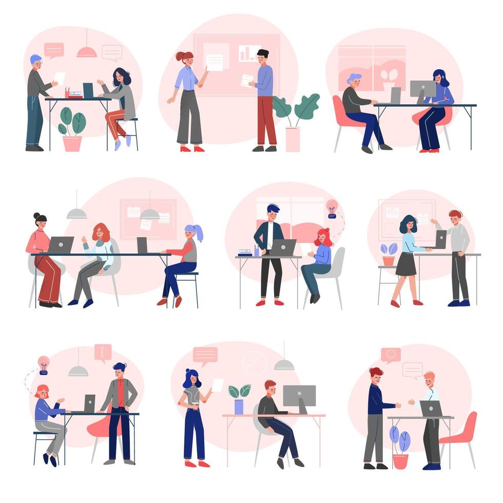 Office Emloyees at Work Set, Business Colleagues Characters Working in Creative Coworking Space, Modern Office Interior Illustration vector