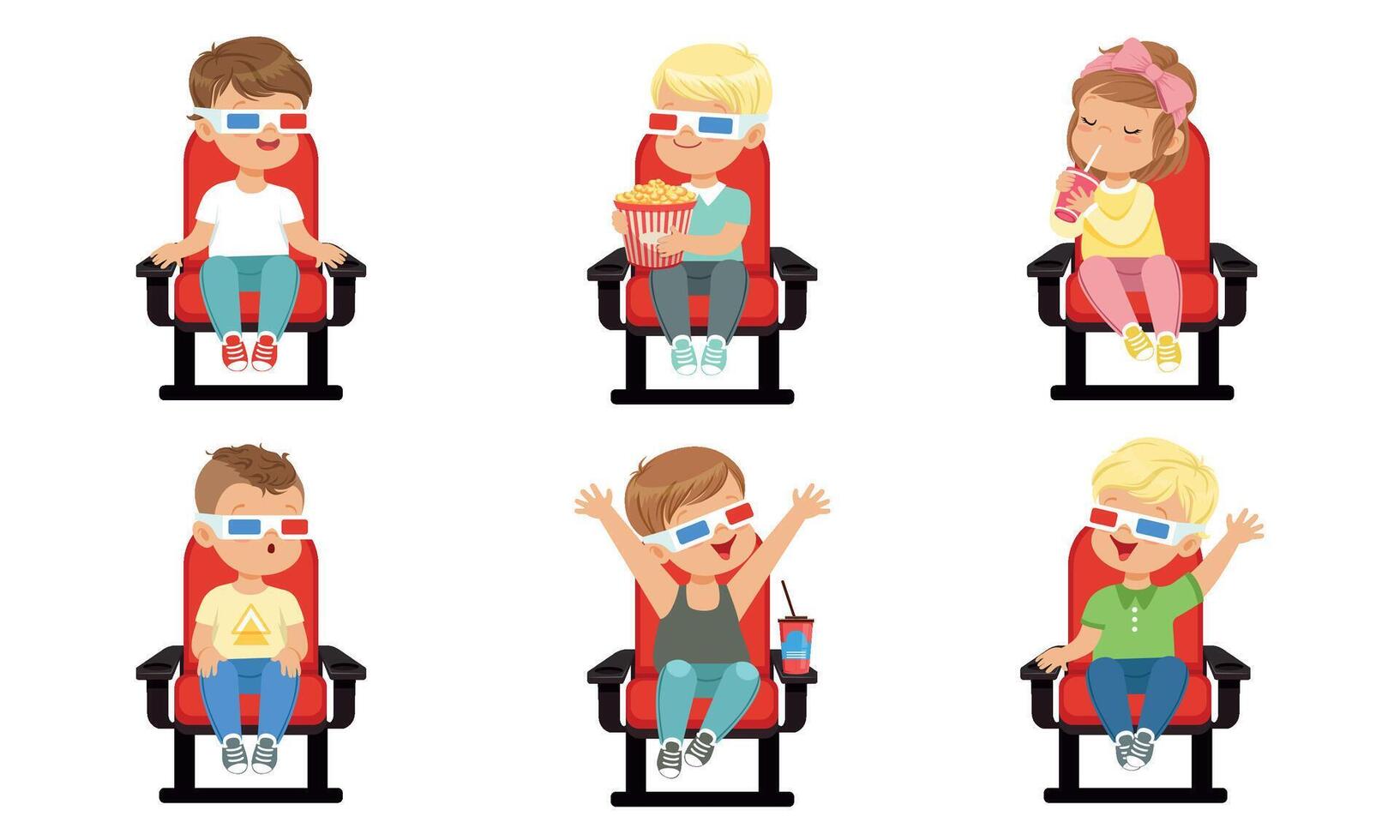Cute Kids Watching Movie with 3D Glasses While Eating Popcorn and Drinking Soda Drink, Boys and Girls Sitting in the Cinema Illustration on White Background vector