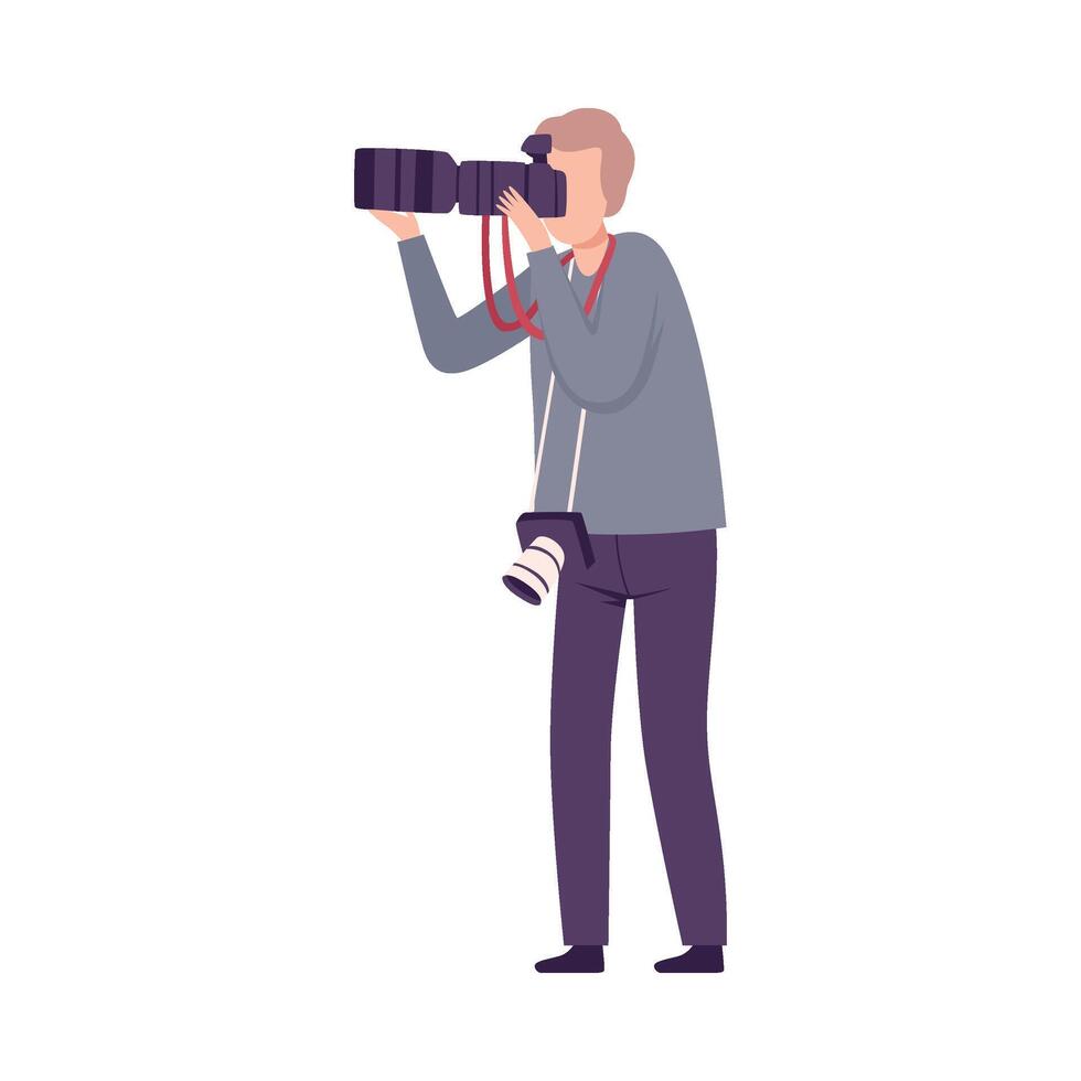 Man Photographer Taking Photo with Digital Equipment, Paparazzi, Journalist or Television Correspondent Character Flat Illustration vector