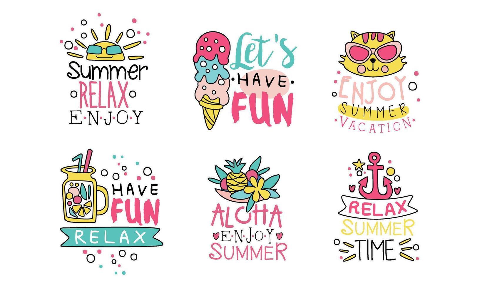 Enjoy Summer Vacation Logo Design Templates Collection, Relax Summer Time, Lets Have Fun Cute Colorful Labels Illustration vector