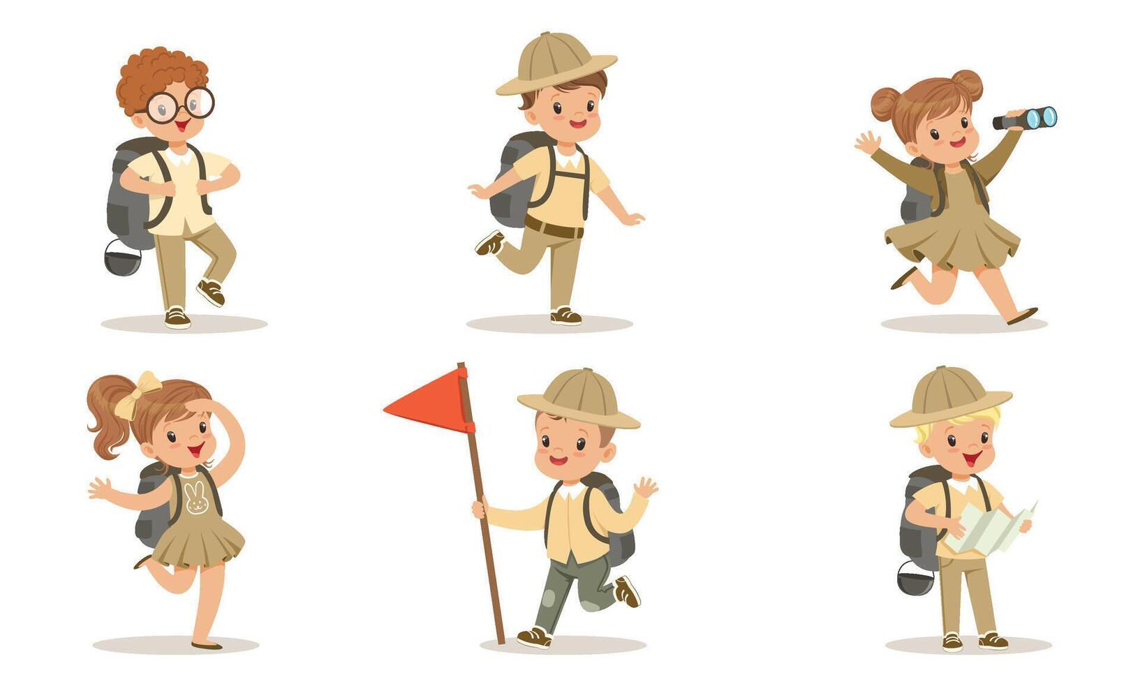 Collection of Cute Kids Scouts Camping, Adorable Boys and Girls in Uniform with Hiking Equipment Illustration on White Background vector