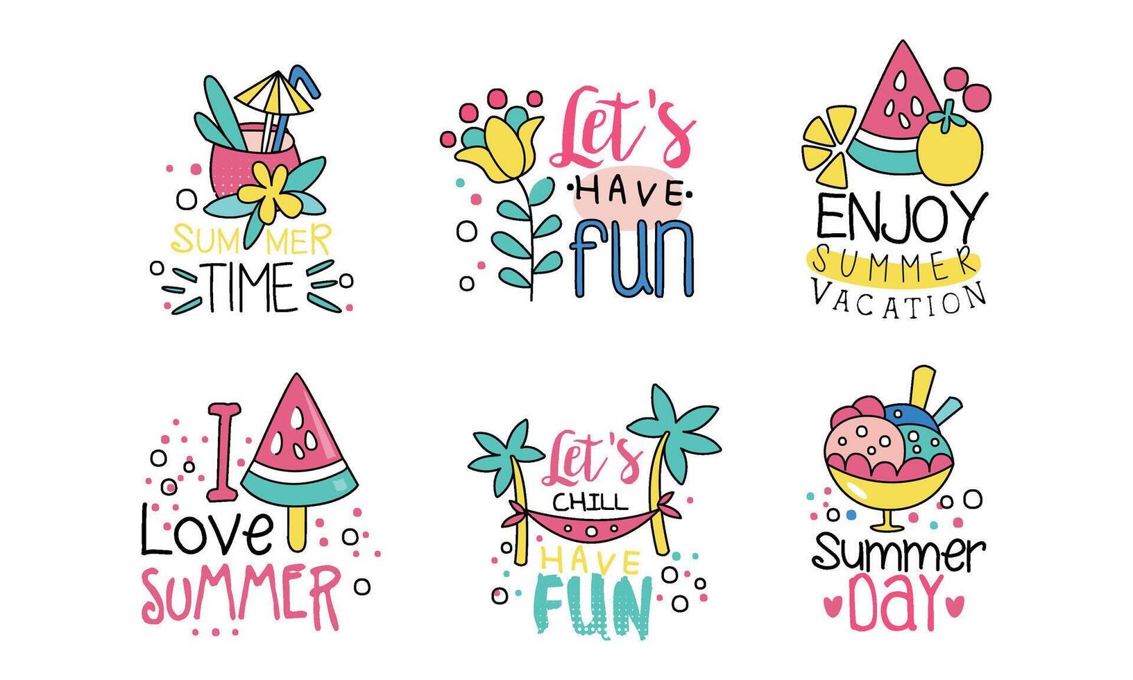 Summer Time Logo Design Templates Collection, Lets Have Fun, Enjoy Summer Vacation Cute Colorful Labels Illustration vector