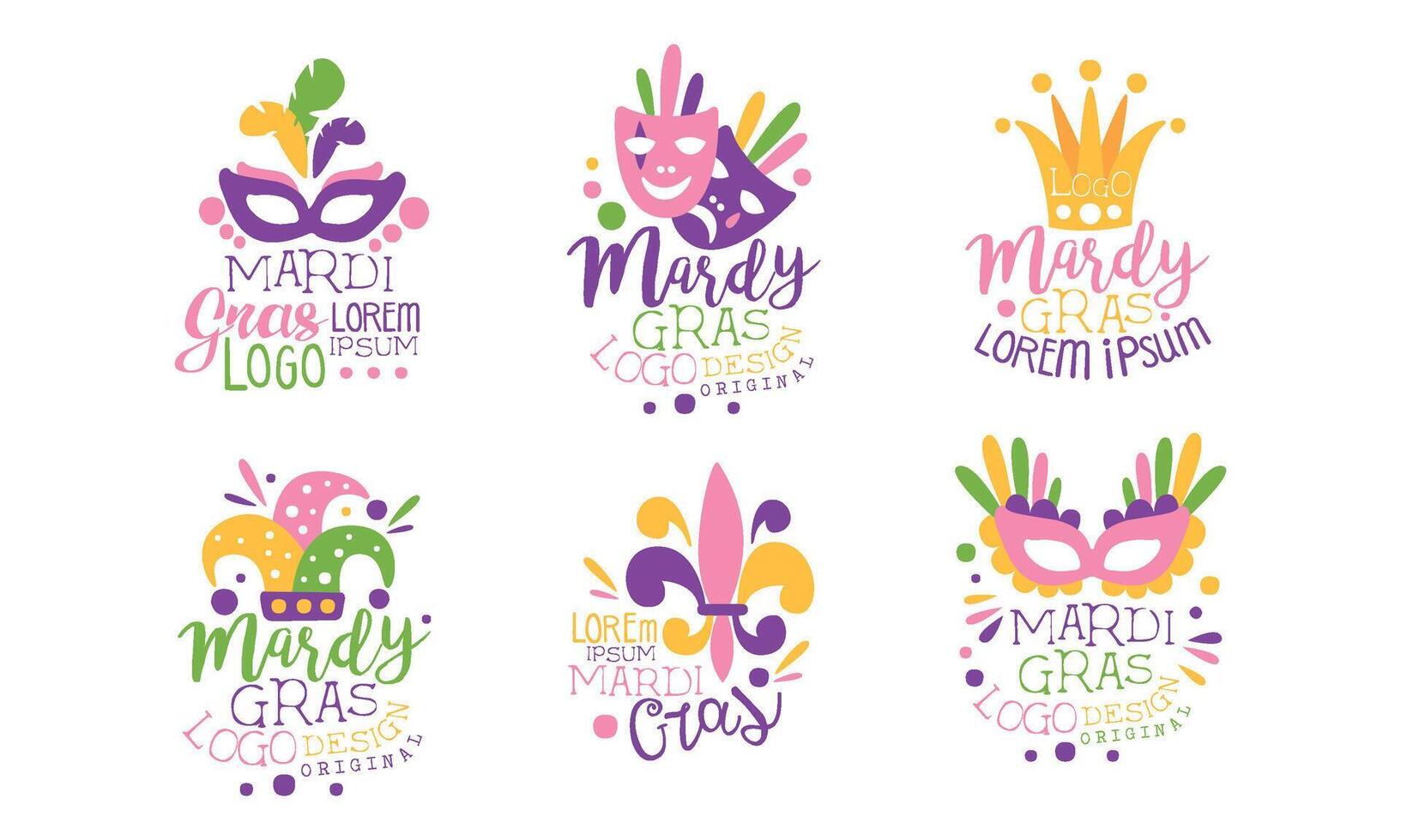Mardi Gras Logo Design Templates Collection, Colorful Carnival Festive Hand Drawn Labels Illustration vector
