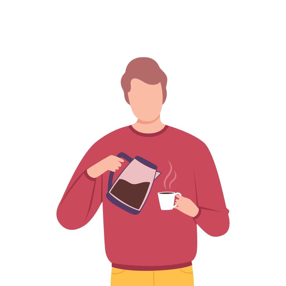 Young Man Drinking Coffee, Male Character Man Pouring Coffee from Kettle into Cup Flat Illustration vector