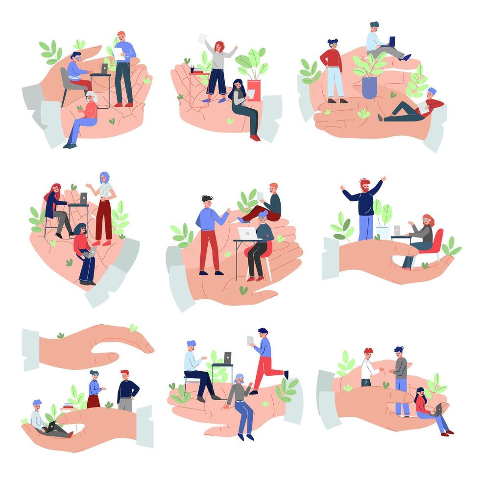 Giant Hands Protecting Office Employees Set, Office Staff Care, Support, Professional Growth, Personnel Perks and Benefits Illustration vector