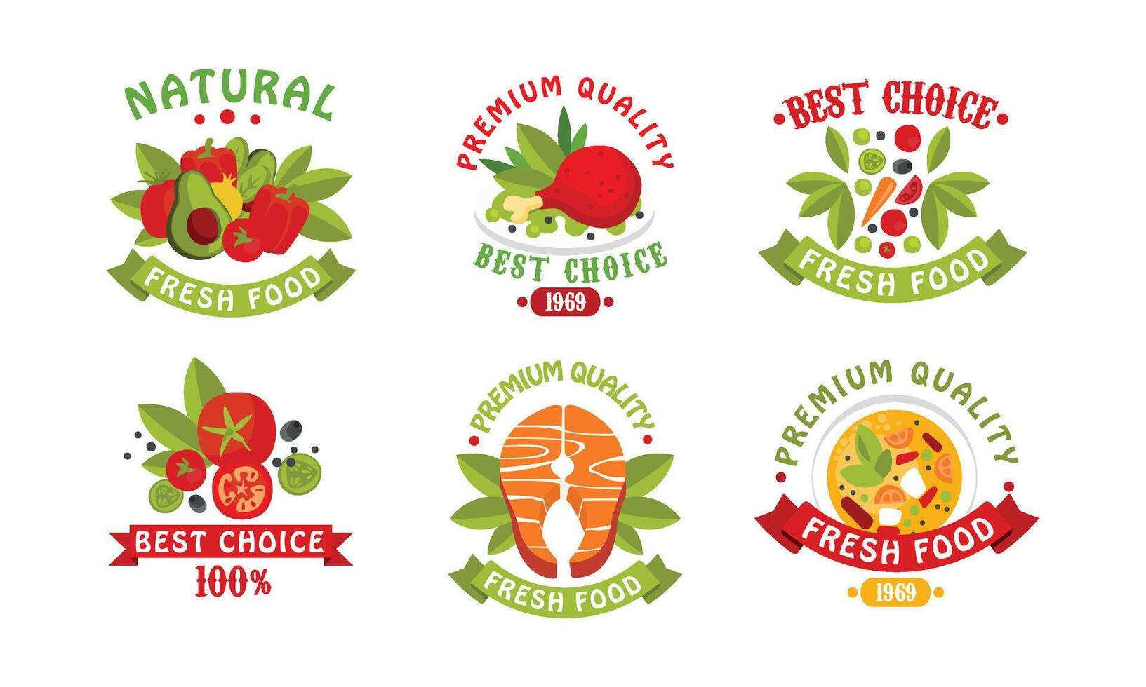 Natural Fresh Food Logo Collection, Fresh High Quality Products Bright Badges, Labels Illustration vector