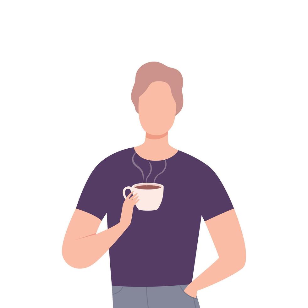 Young Man Drinking Coffee, Male Character Holding Cup and Enjoying of Hot Drink Flat Illustration vector