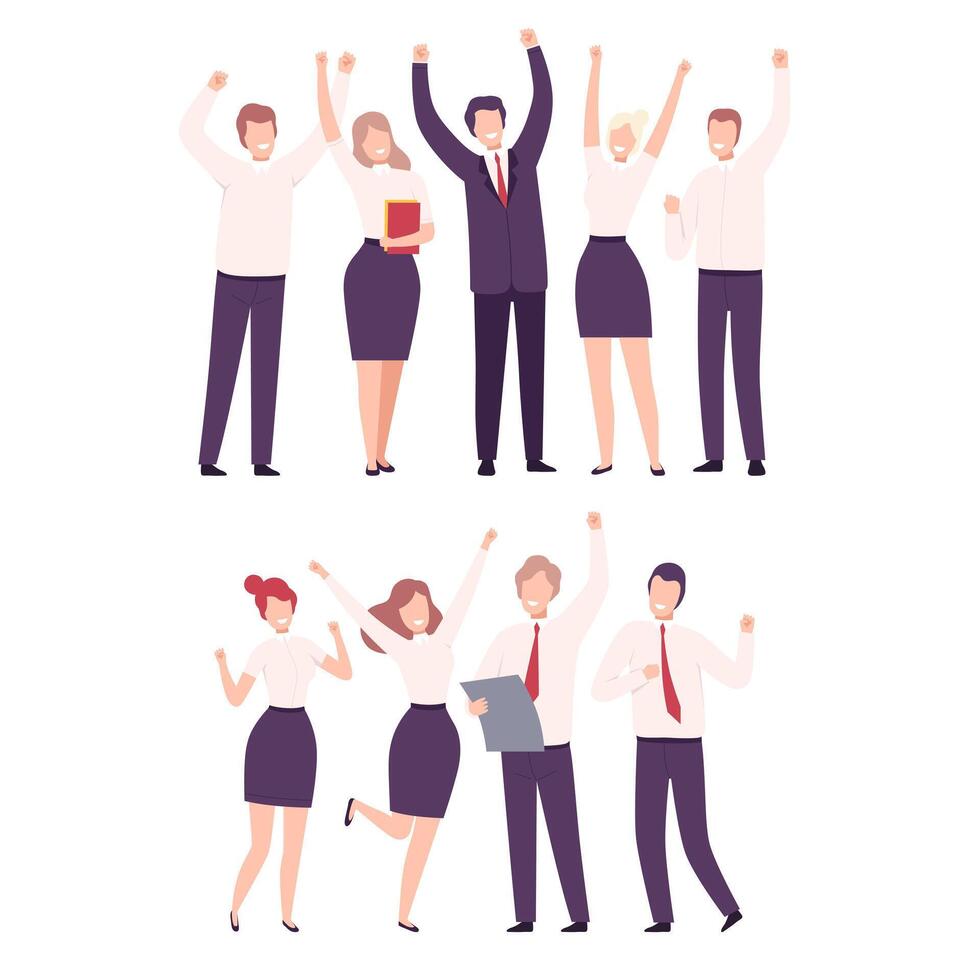 Business People Celebrating Victory Set, Office Team Achievements, Managers Characters Dressed in Formal Clothes Standing with Their Hands Up Flat Illustration vector
