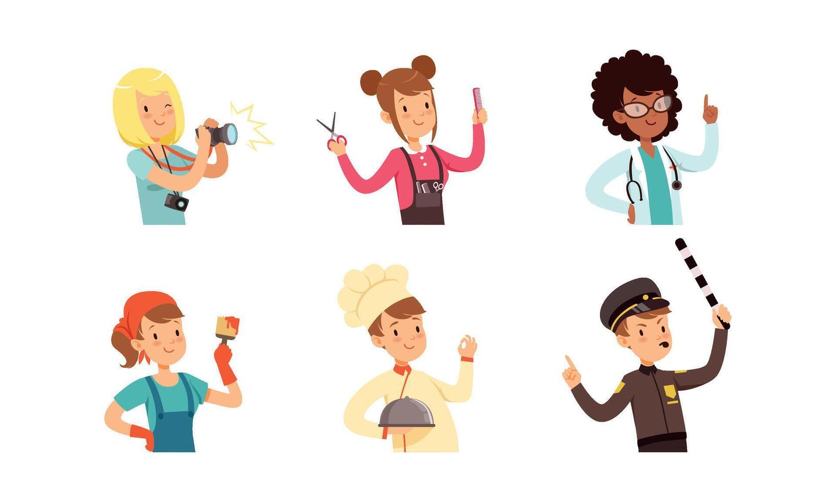Children of Different Professions Set, Cute Boys and Girls Characters, Doctor, Painter, Policeman, Chef Cook, Police Officer, Photographer, Hairdresser Illustration vector