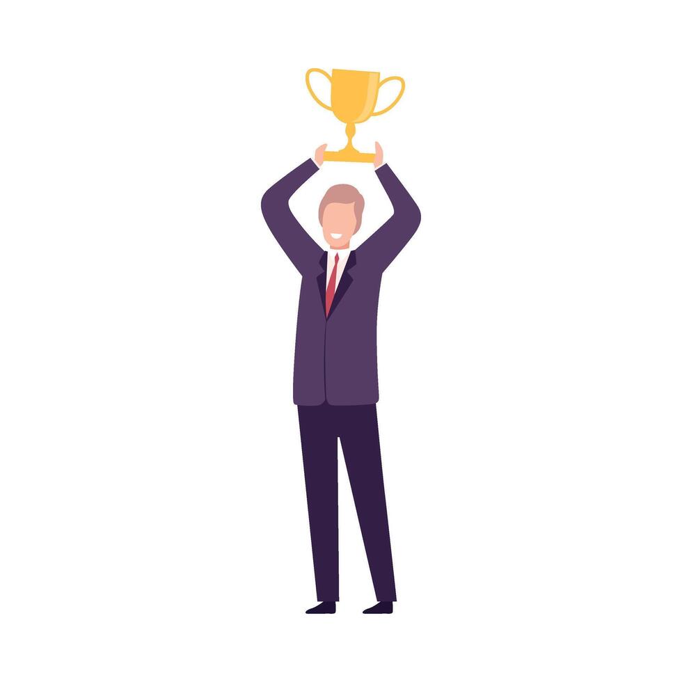 Businessman Celebrating Victory with Trophy Cup, Manager Character Dressed in Business Suit Flat Illustration vector