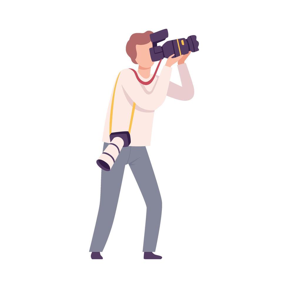 Photographer Taking Photo with Digital Equipment, Male Paparazzi, Journalist Character Flat Illustration vector