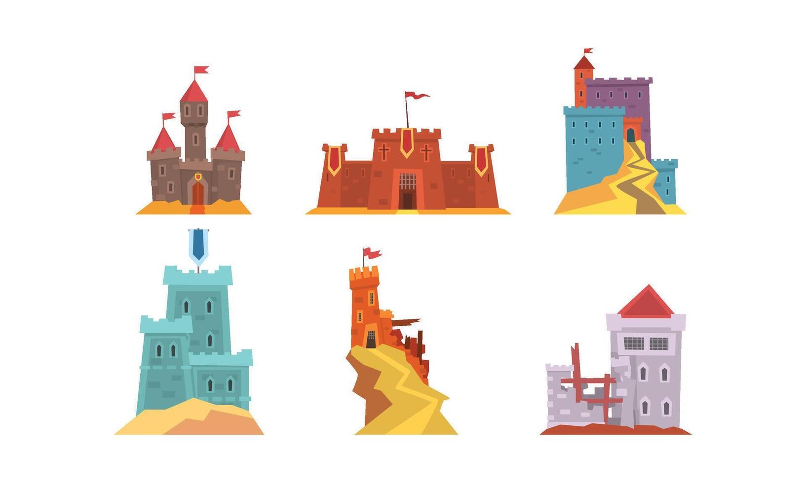 Medieval Fairytale Castles Collection, Ancient Stone Fortified Fortresses and Palaces Illustration vector
