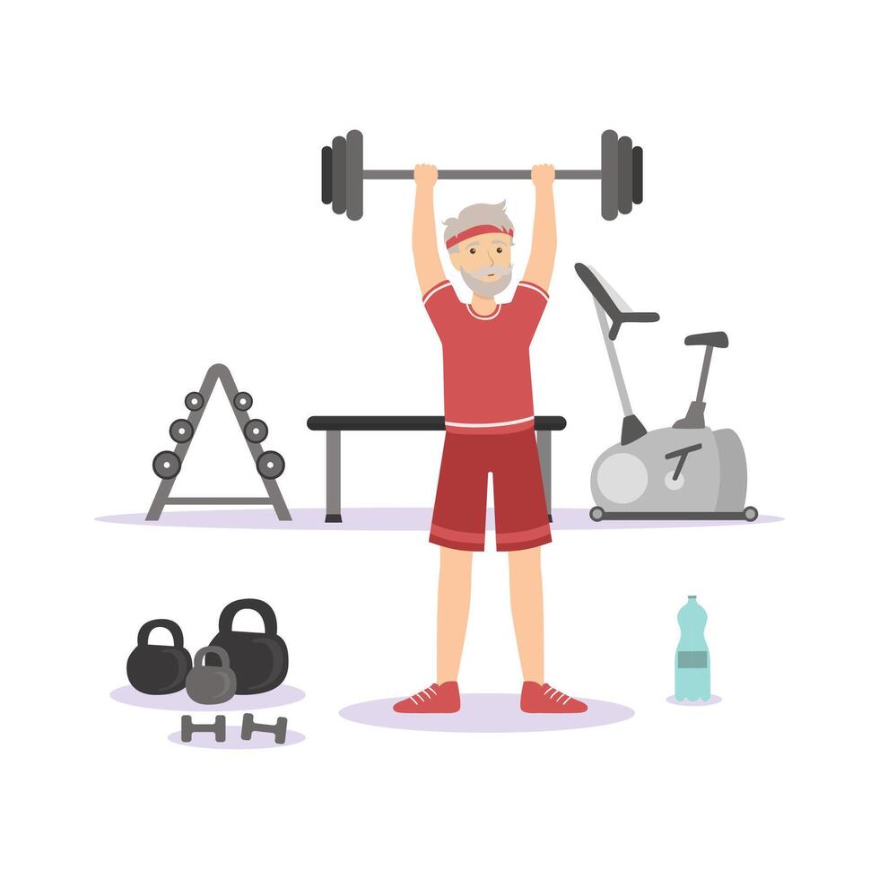 Sportive Senior Man Exercising with Barbell in the Gym, Elderly People Active Lifestyle Illustration vector